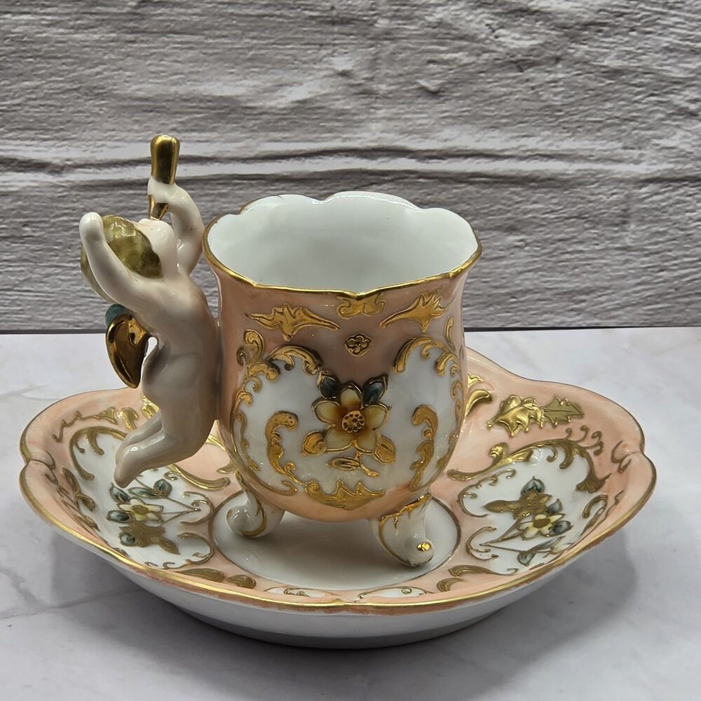 Ucagco Vintage Lusterware Gold Trimmed Cherub Horn Tea Cup & Saucer Japan